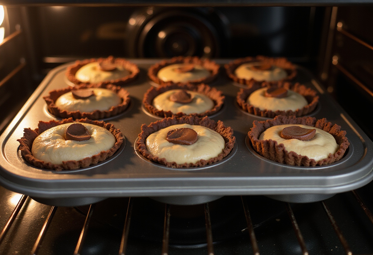 Brownie Cheesecake Cups baking in the oven, layered with rich brownie and creamy cheesecake batter for a delicious dessert.