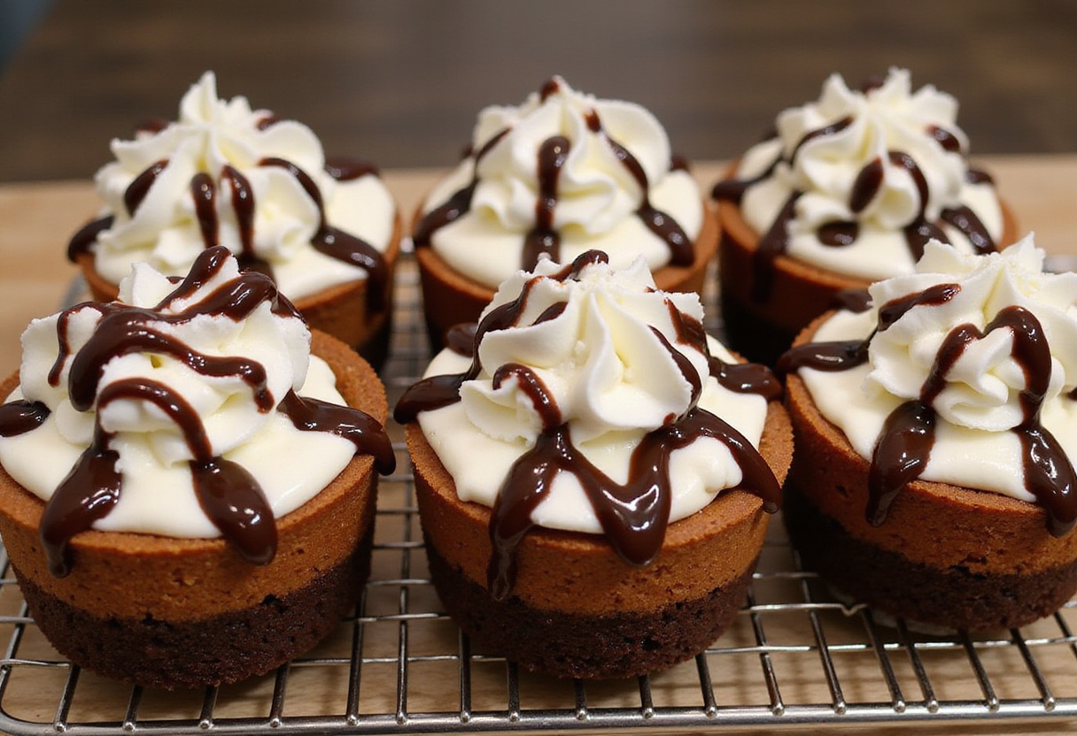 Delicious Loaded Brownie Cheesecake Cups cooling down, topped with chocolate sauce and whipped cream, perfect for dessert lovers.