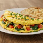 Final presentation of a loaded veggie cheese omelette, garnished and served beautifully with toast and salad on a rustic table.