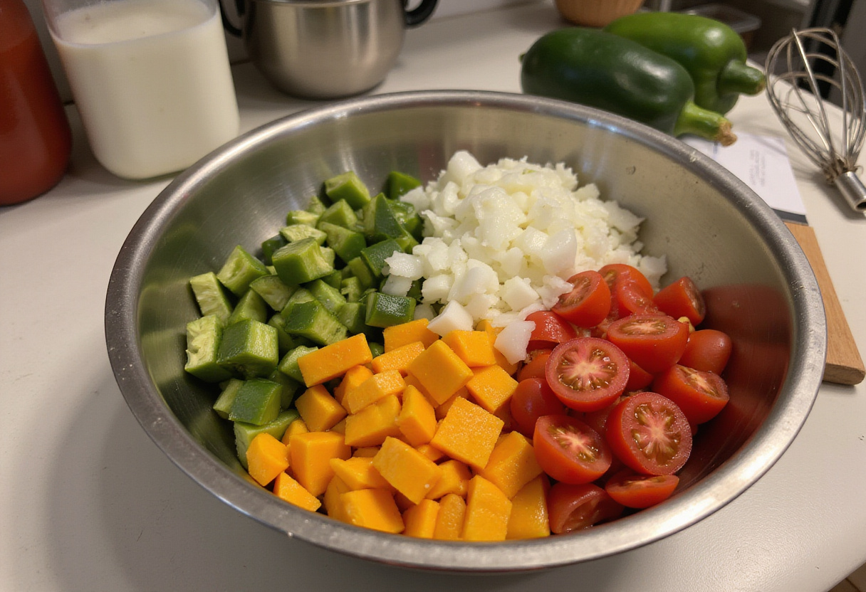 Preparation of a loaded veggie cheese omelette with colorful chopped vegetables like bell peppers and tomatoes on a kitchen counter.