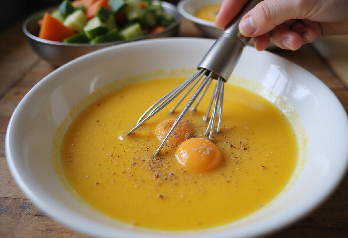 Whisking eggs for a loaded veggie cheese omelette with fresh ingredients including colorful diced veggies and cheese on display.