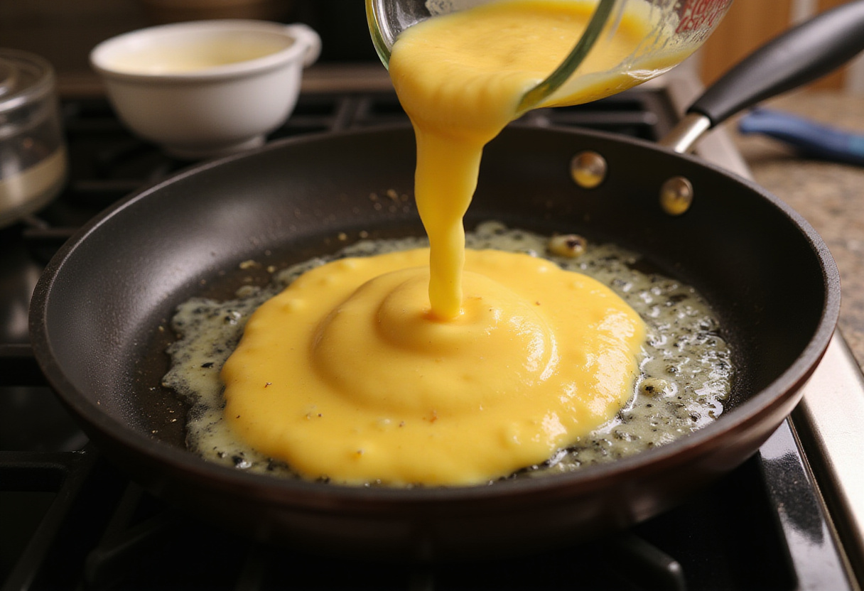 Cooking a loaded veggie cheese omelette with melted butter in a frying pan, fresh veggies being poured in the mixture.