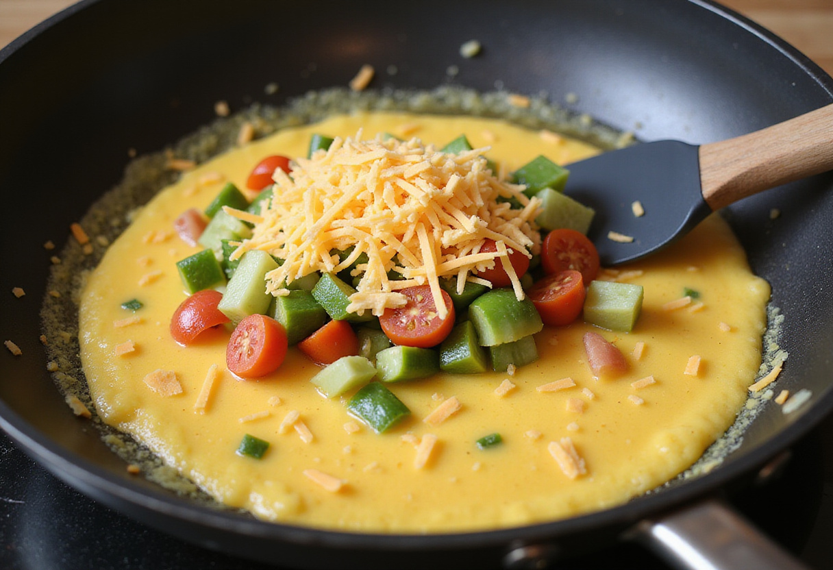Cooking process of a loaded veggie cheese omelette with cheese melting, capturing the deliciousness and steam rising from the pan.