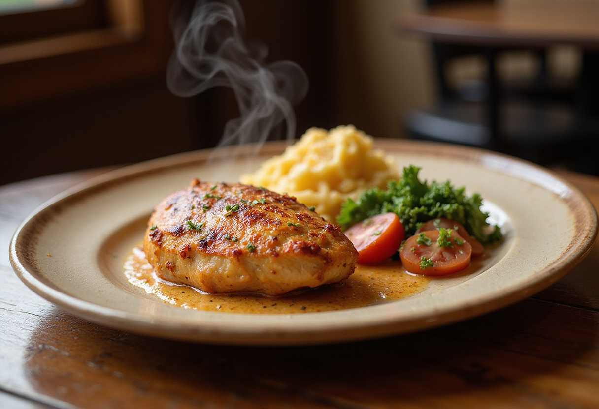 Final plate of Longhorn Steakhouse Parmesan Chicken, perfectly cooked and presented with flavorful sides.