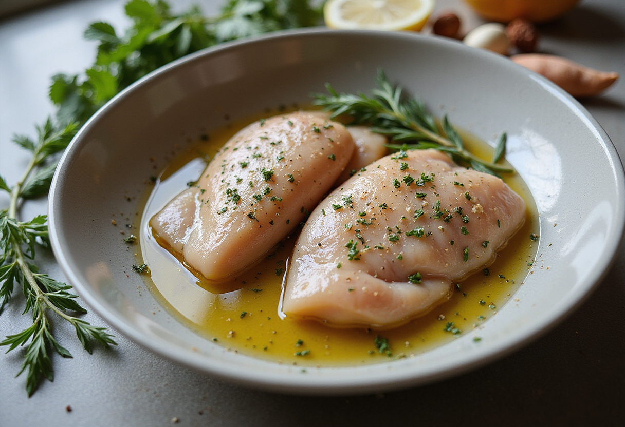 Marinated chicken breasts for Longhorn Steakhouse Parmesan Chicken with herbs and spices.
