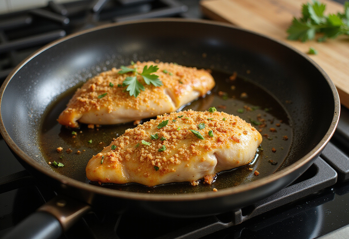 Cooking crumb-coated chicken for Longhorn Steakhouse Parmesan Chicken in a frying pan.