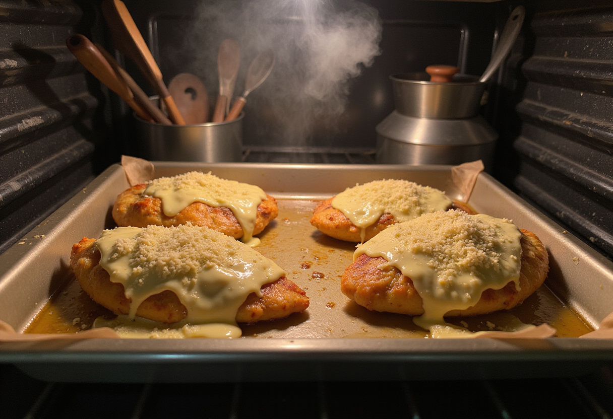 Baked Parmesan chicken in the oven for Longhorn Steakhouse recipe, showcasing melted cheese.