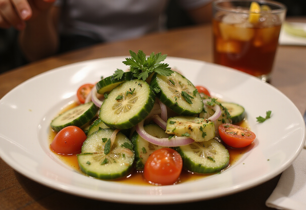 Final presentation of marinated cucumbers, onions, and tomatoes served on a plate; a vibrant and healthy salad dish.