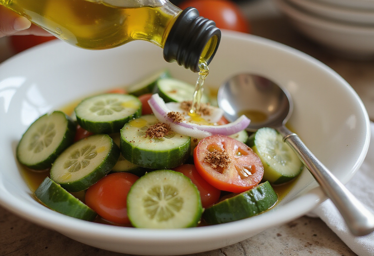 Ingredients for marinated cucumbers, onions, and tomatoes being added; olive oil, vinegar, and spices in preparation for marination.