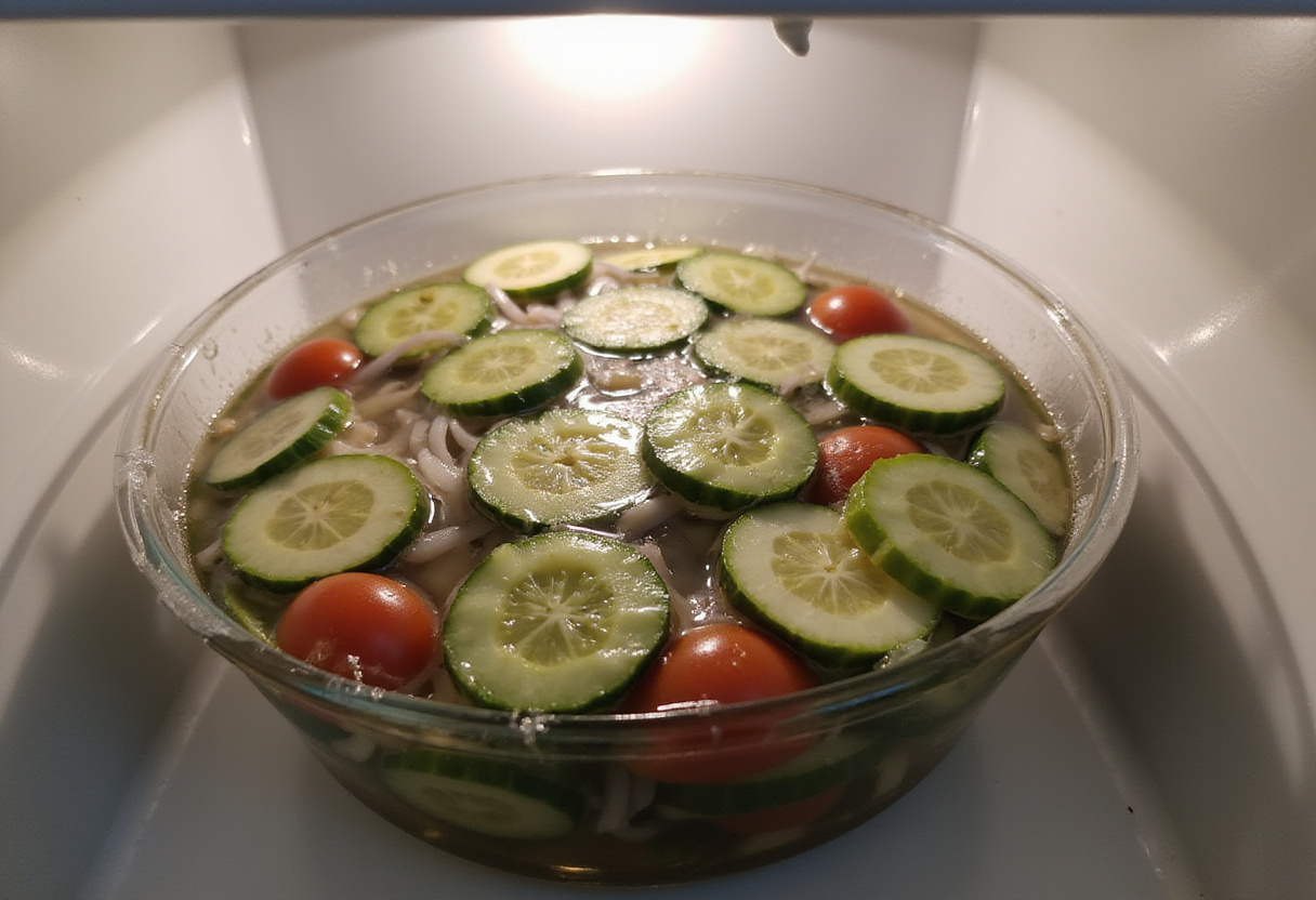 Refrigerated marinated cucumbers, onions, and tomatoes, prepared for a refreshing side dish; bright and healthy salad.