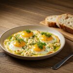 Delicious Mediterranean Baked Feta Eggs served with crusty bread, showcasing rich flavors and vibrant colors.