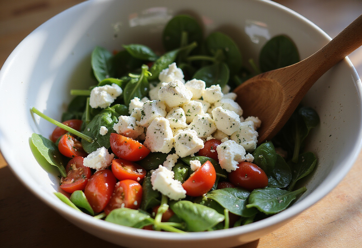 Mediterranean Baked Feta Eggs ingredients including feta cheese, tomatoes, and spinach ready for baking.