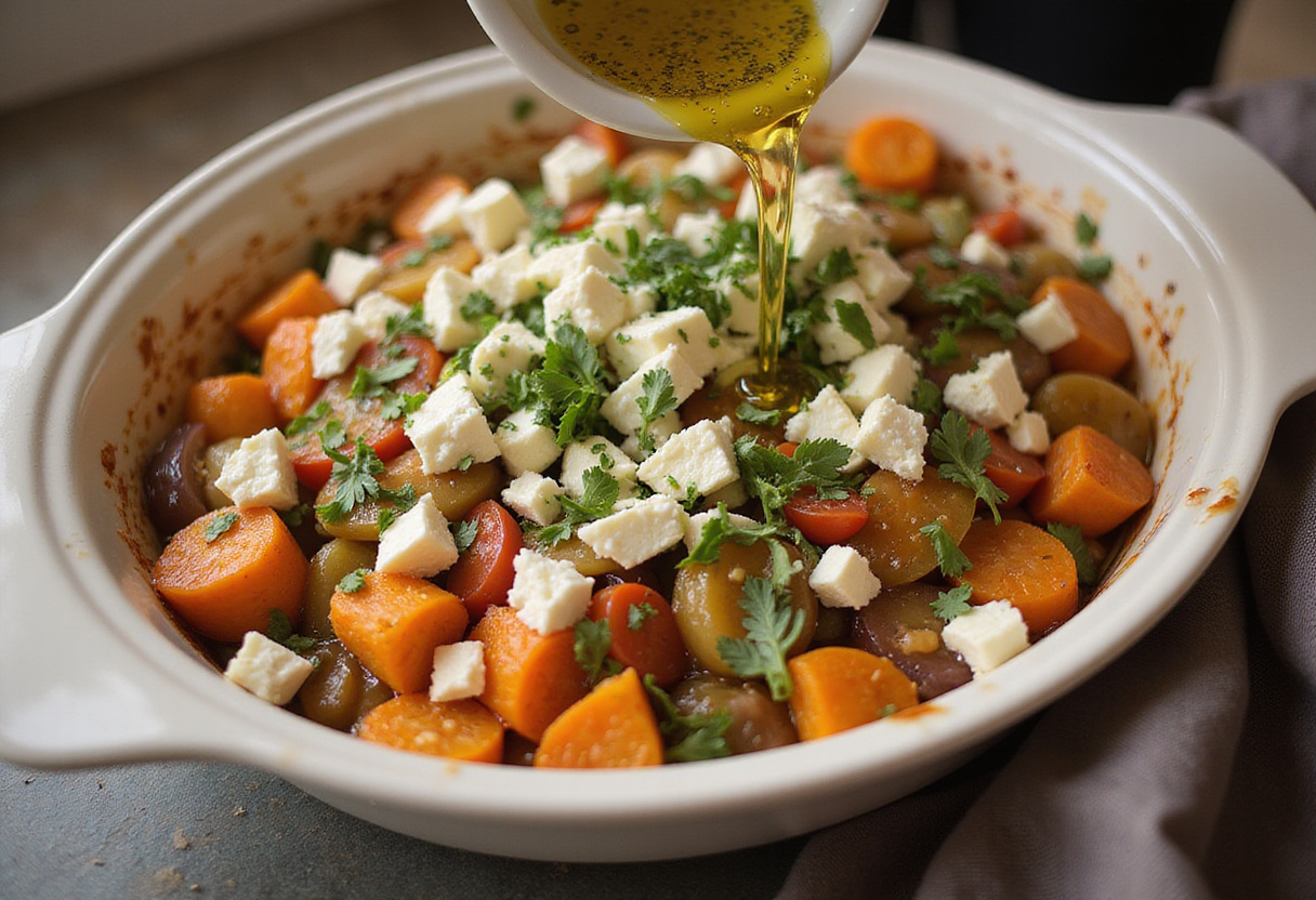 Preparing a dish for Mediterranean Baked Feta Eggs with feta, tomatoes, and herbs layered beautifully.