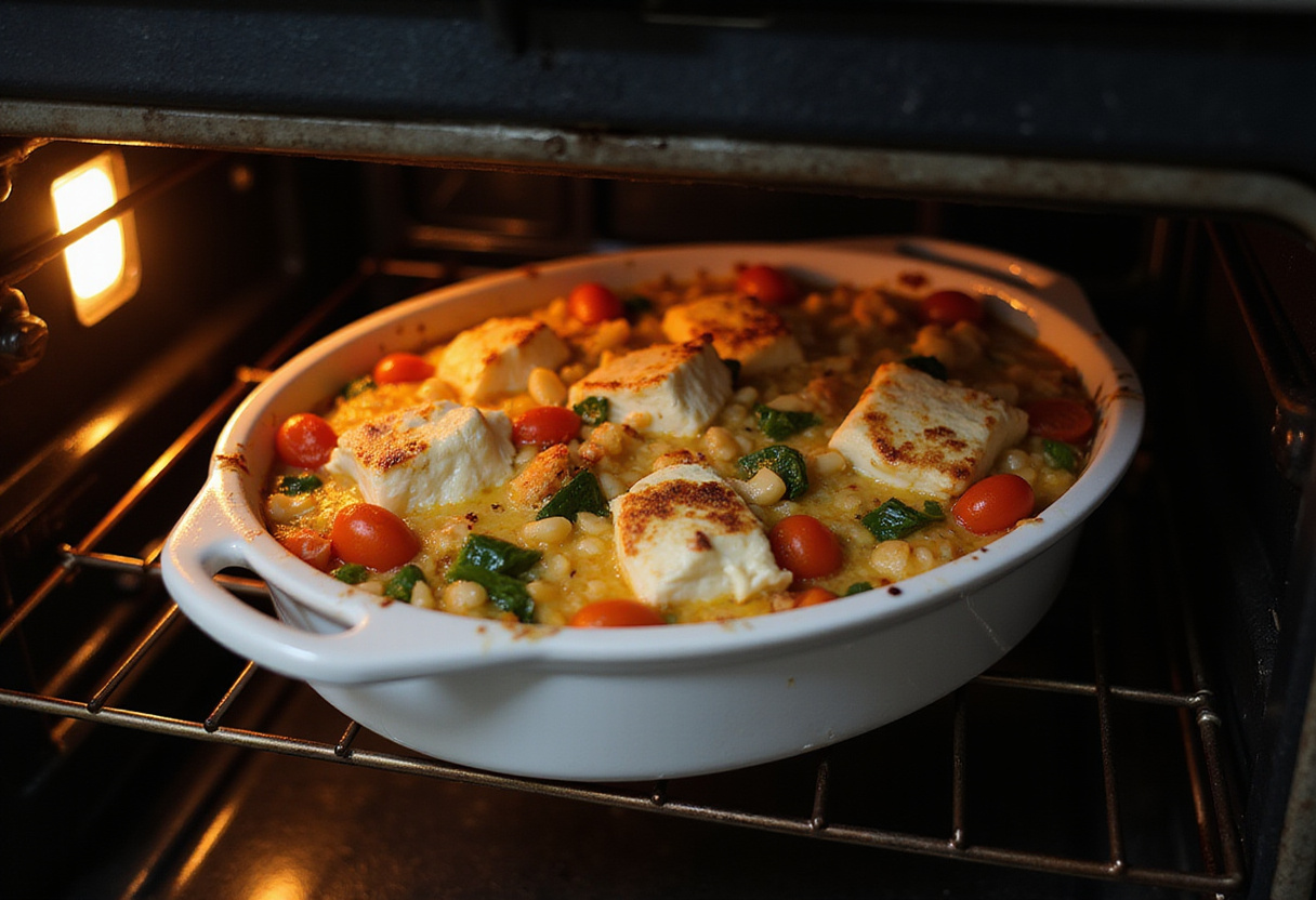 Baking Mediterranean Baked Feta Eggs in the oven, showcasing the deliciously melting feta and roasted vegetables.
