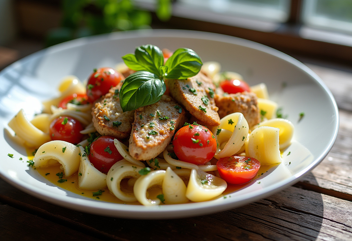 Final presentation of Mediterranean Chicken Pasta Salad on a rustic wooden table, showcasing its vibrant ingredients and garnishes.
