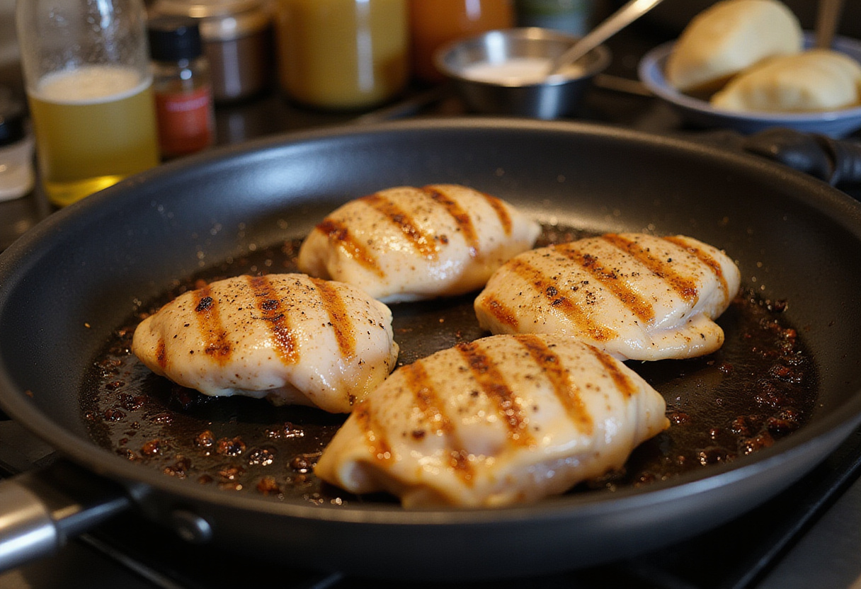 Grilled chicken breasts being prepared for Mediterranean Chicken Pasta Salad, highlighting the cooking process in a cozy kitchen.