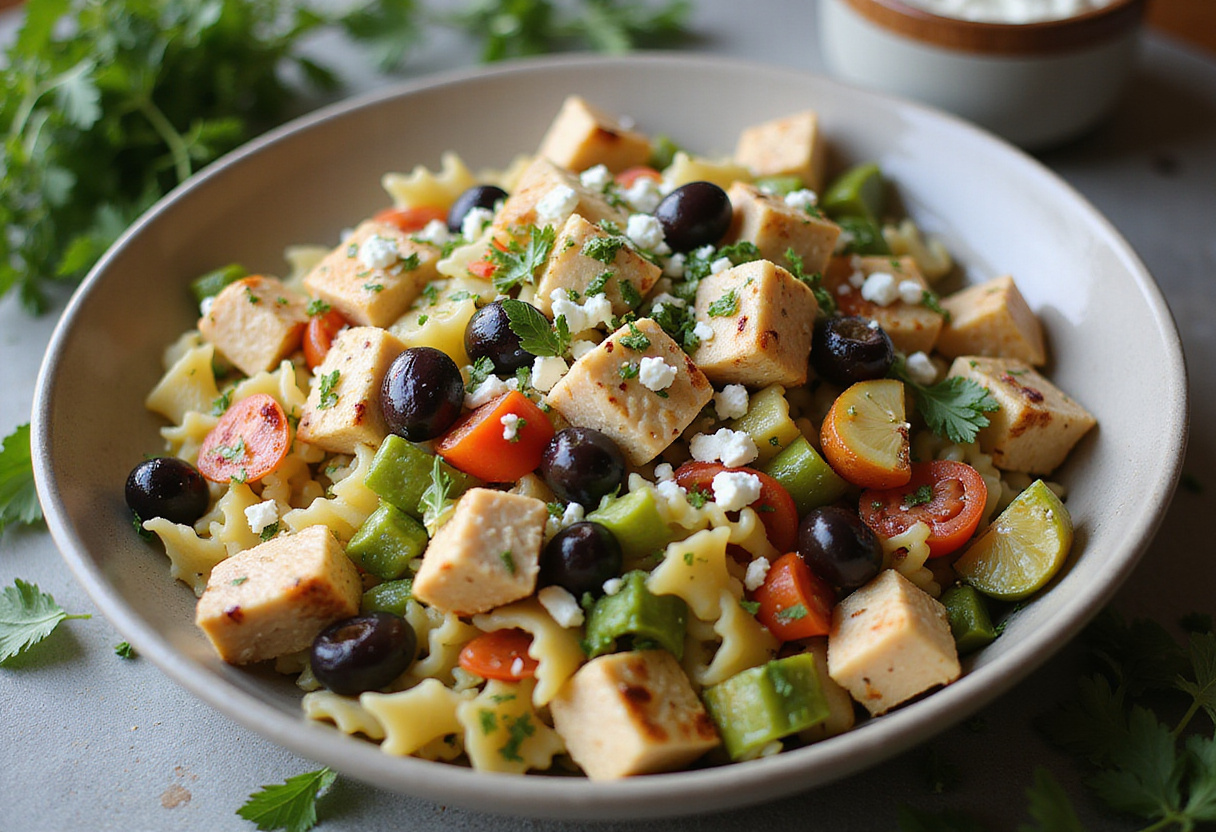 Mixing ingredients for Mediterranean Chicken Pasta Salad in a large bowl, featuring pasta, vegetables, and grilled chicken.