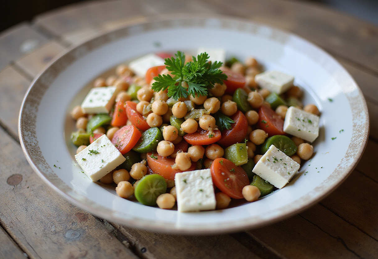 Final presentation of Mediterranean Chickpea Feta Salad, colorful healthy salad dish, Mediterranean cuisine, fresh and vibrant salad