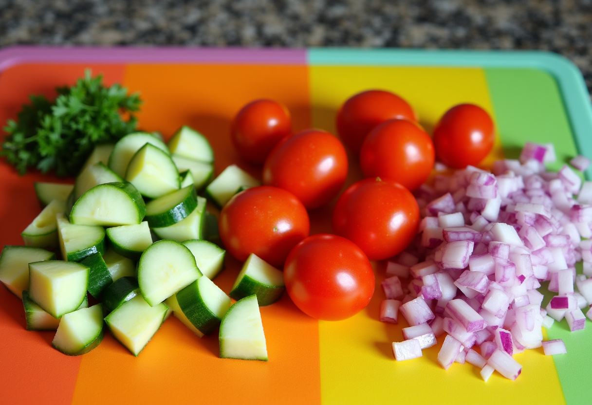 Fresh vegetables diced for Mediterranean Chickpea Feta Salad, colorful salad ingredients, healthy lunch, vibrant Mediterranean salad