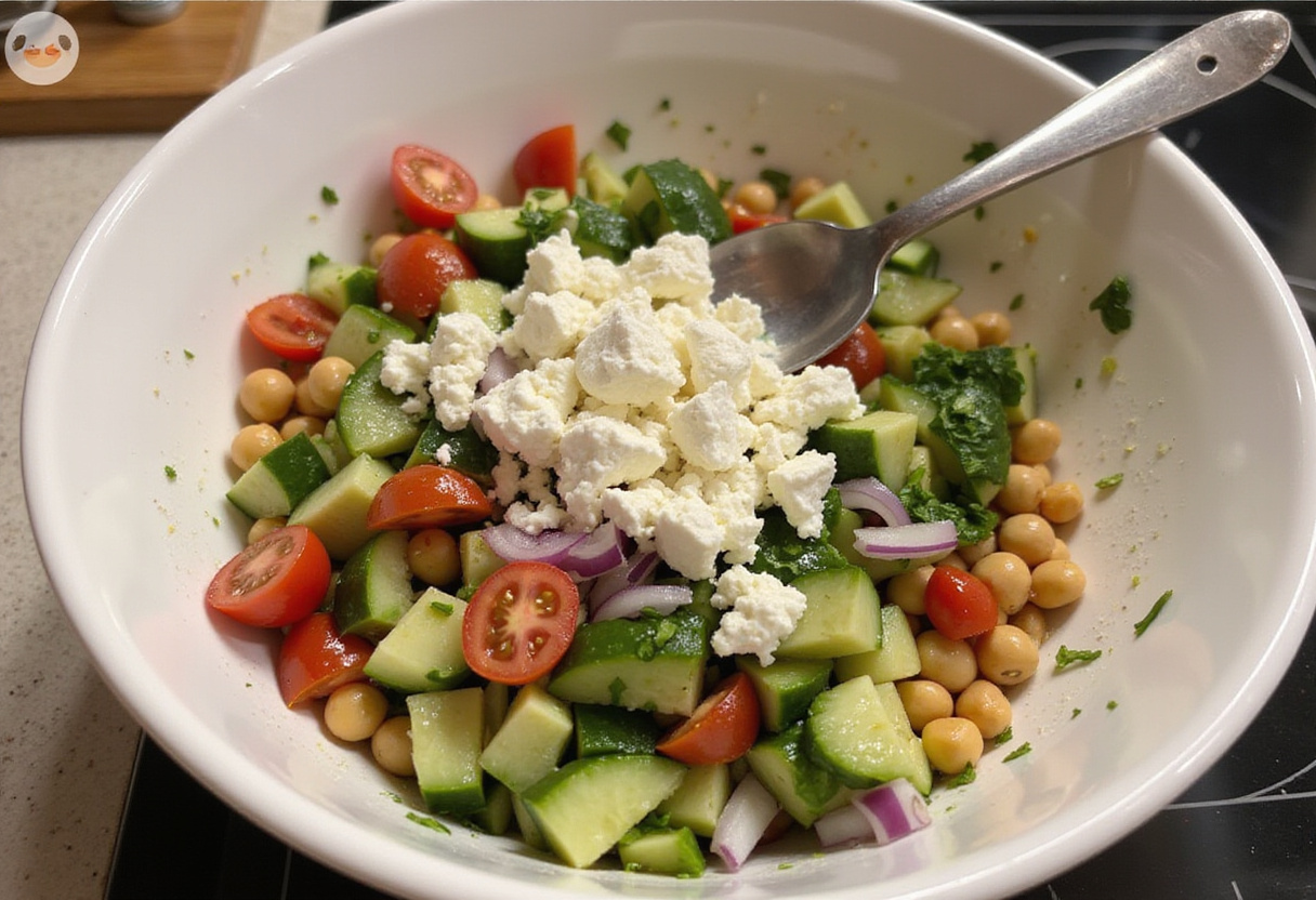 Ingredients being combined for Mediterranean Chickpea Feta Salad, healthy salad preparation, mixing chickpeas and fresh vegetables, Mediterranean diet