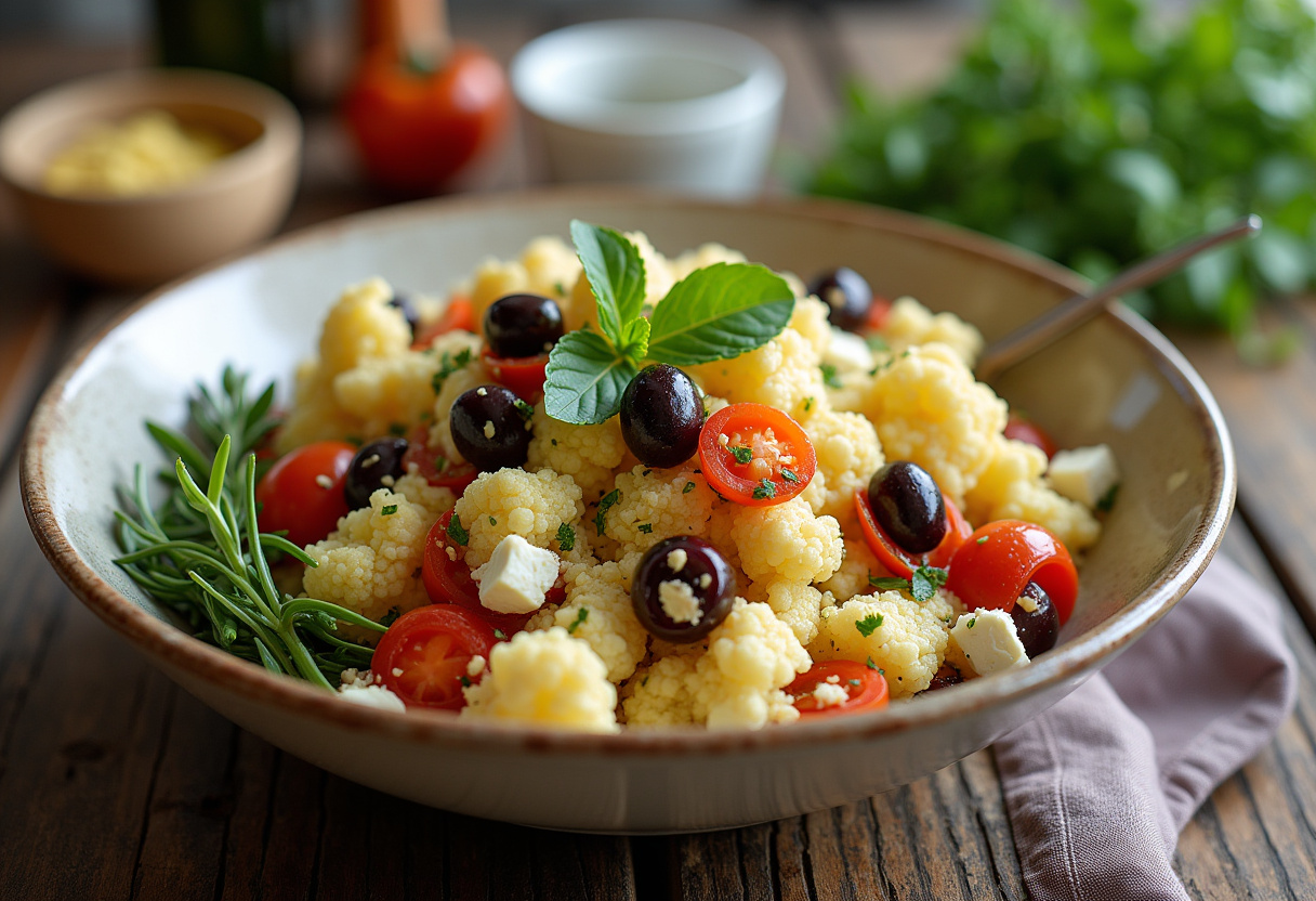 Delicious Mediterranean marinated cauliflower salad served in a bowl with colorful vegetables and herbs.