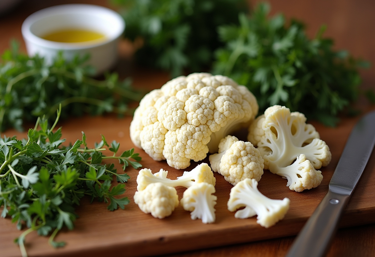 Preparing Mediterranean marinated cauliflower salad with fresh cauliflower and herbs on a cutting board.