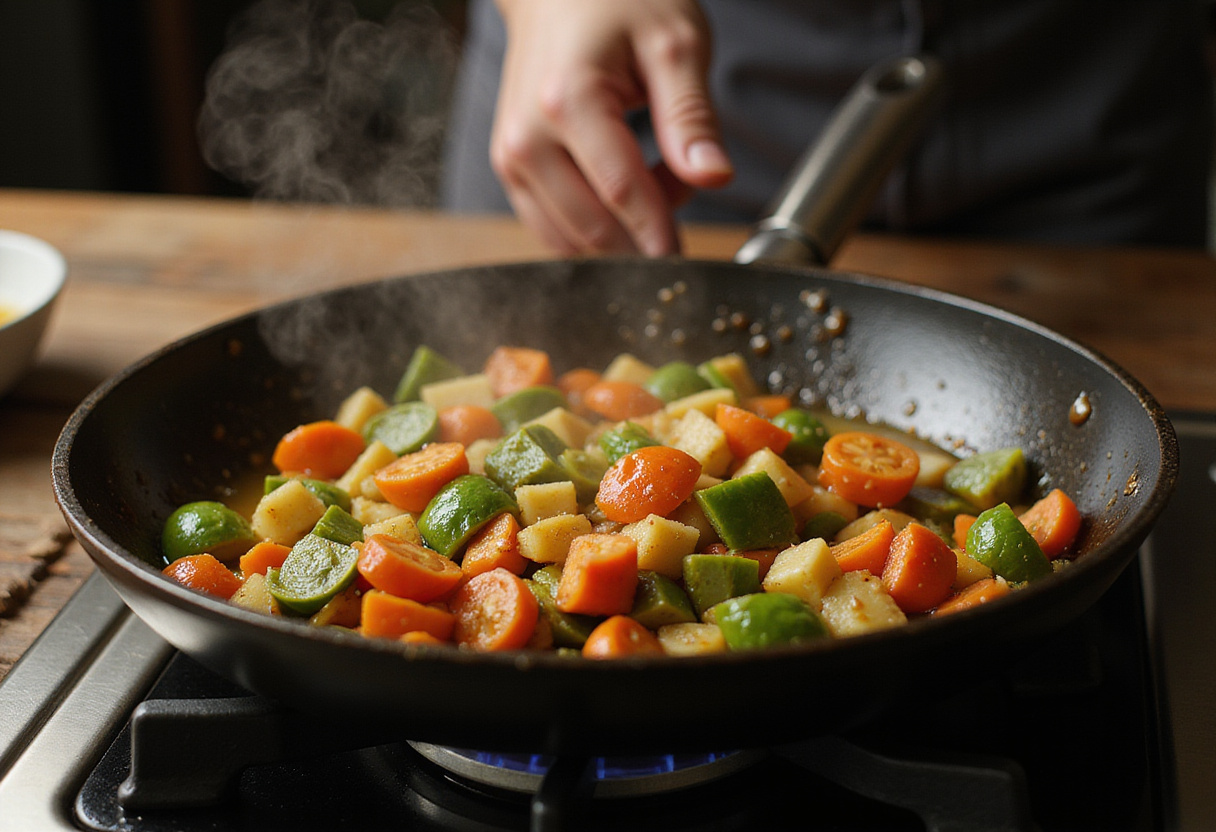 Sautรฉing chopped bell peppers, onions, and spinach for Mediterranean Quesadillas in a skillet.