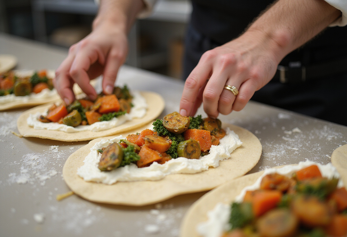 Preparing Mediterranean Quesadillas by spreading ricotta cheese and sautรฉed vegetables on tortillas.