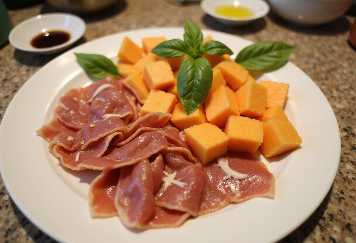Artfully arranged prosciutto slices complementing the melon for a refreshing melon-burrata-prosciutto salad.
