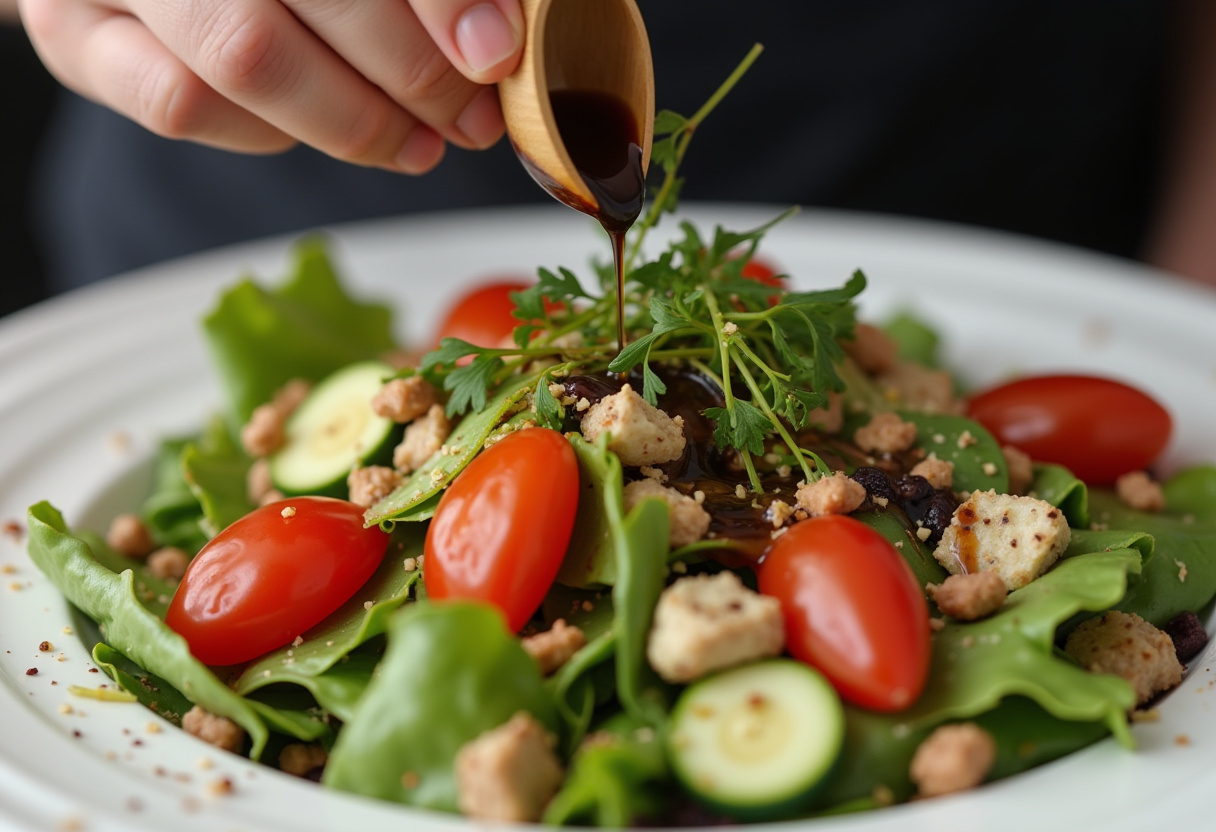 Finishing touches with balsamic reduction and olive oil enhance the flavors of the melon-burrata-prosciutto salad.
