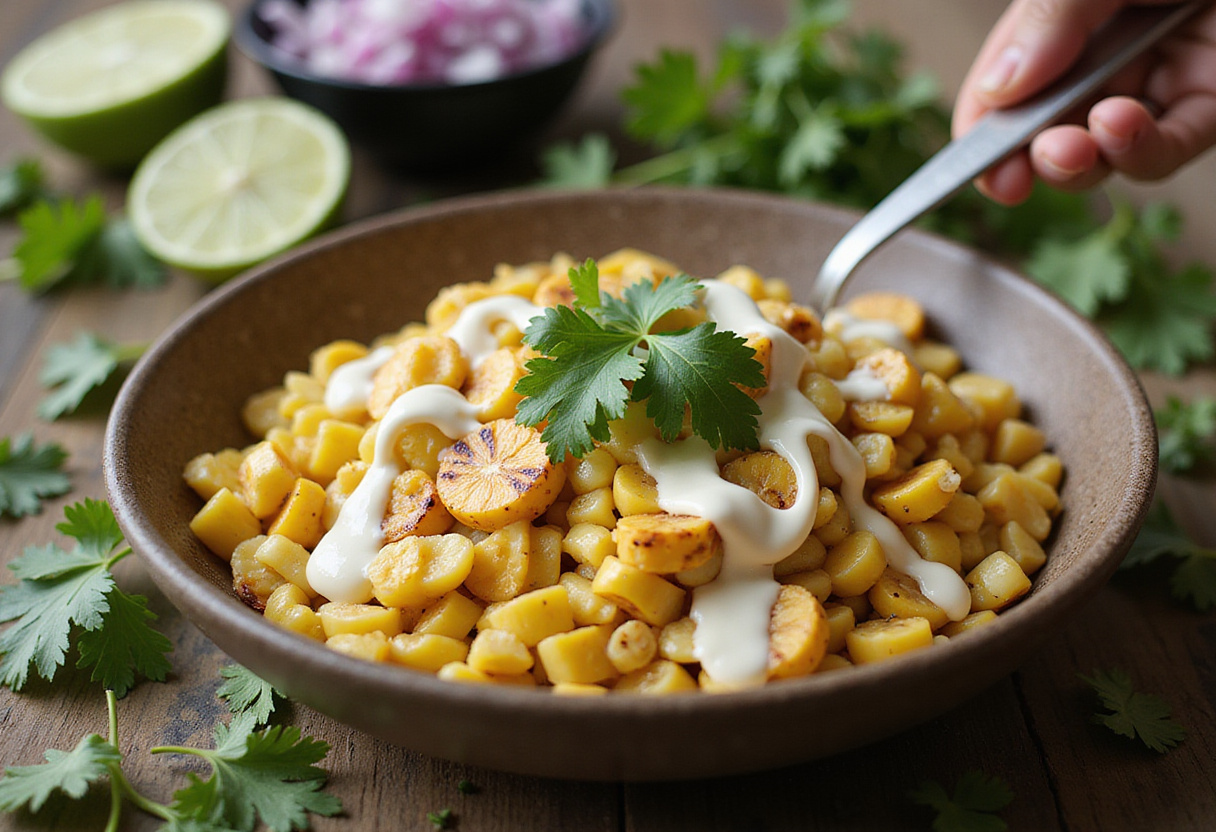 Fresh ingredients for Mexican Street Corn Dip, showcasing grilled corn, mayonnaise, lime juice, cilantro, and red onions.
