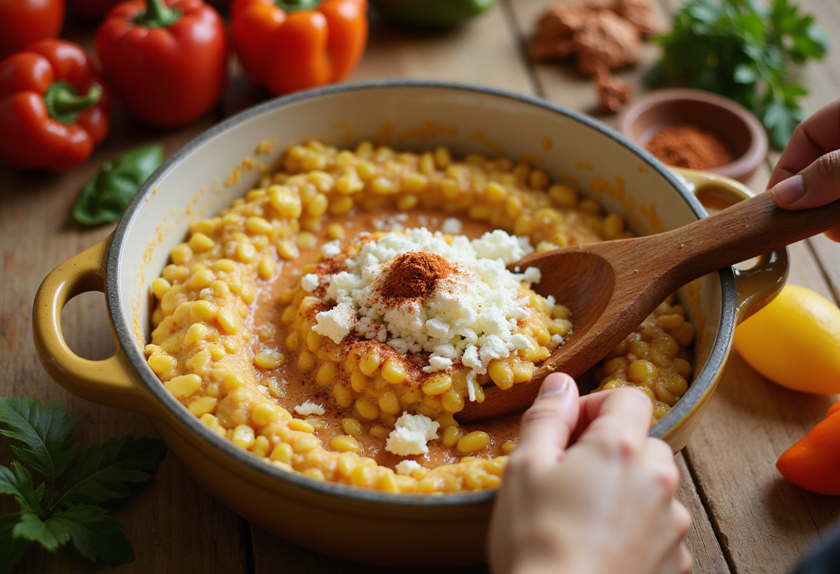 Preparation of Elote Dip, highlighting the addition of cotija cheese and chili powder to the corn mixture for a flavorful Mexican treat.