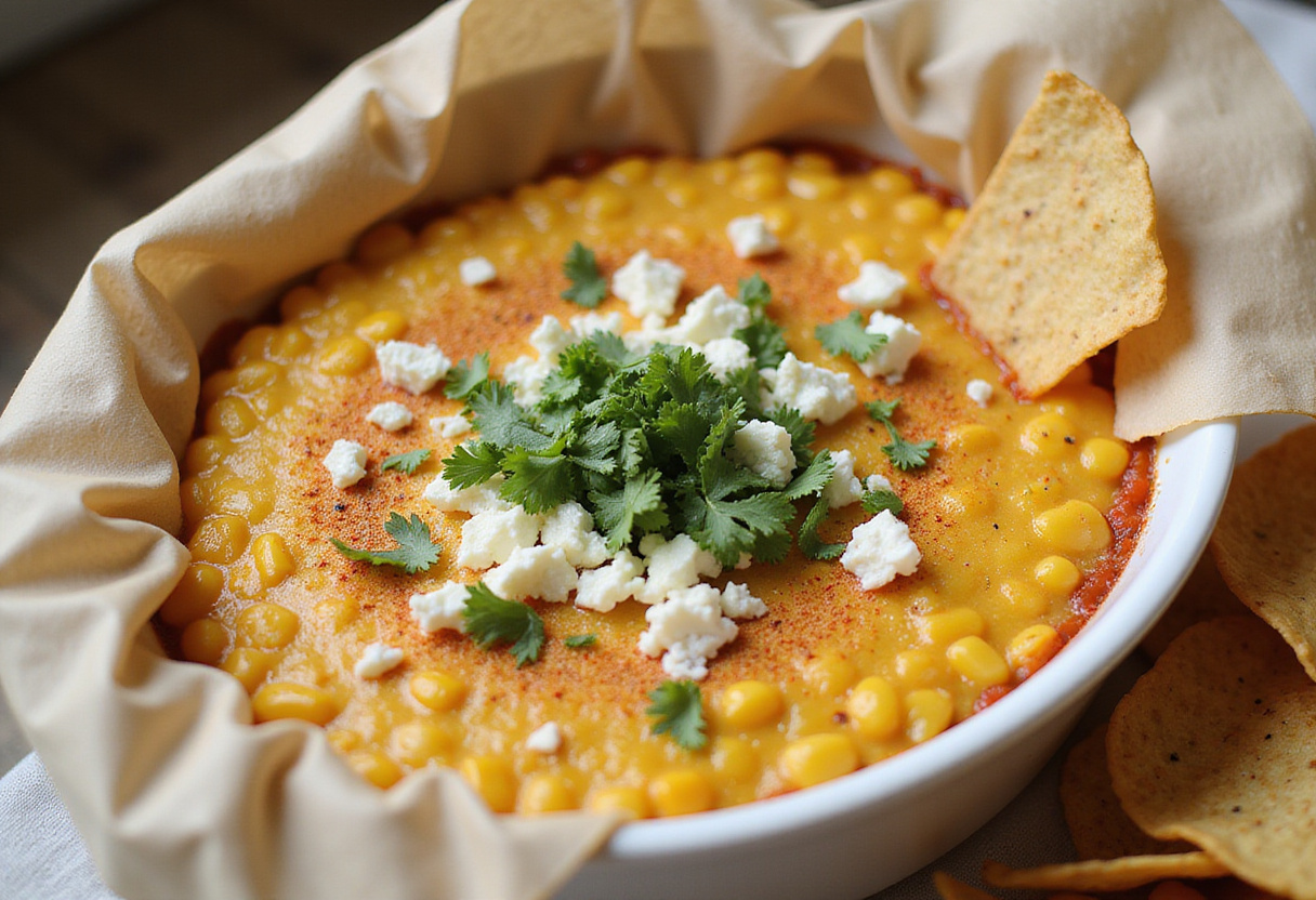 Deliciously garnished Elote Dip ready to serve, accompanied by crunchy tortilla chips for an authentic Mexican street food experience.