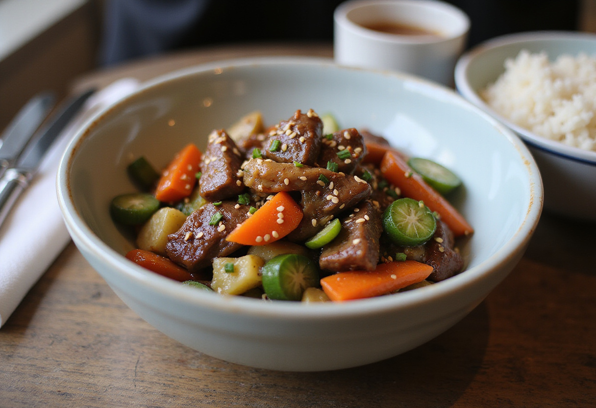 Final presentation of Minute Beef Stir Fry with colorful vegetables, garnished and served with rice, perfect for a quick and delicious meal.