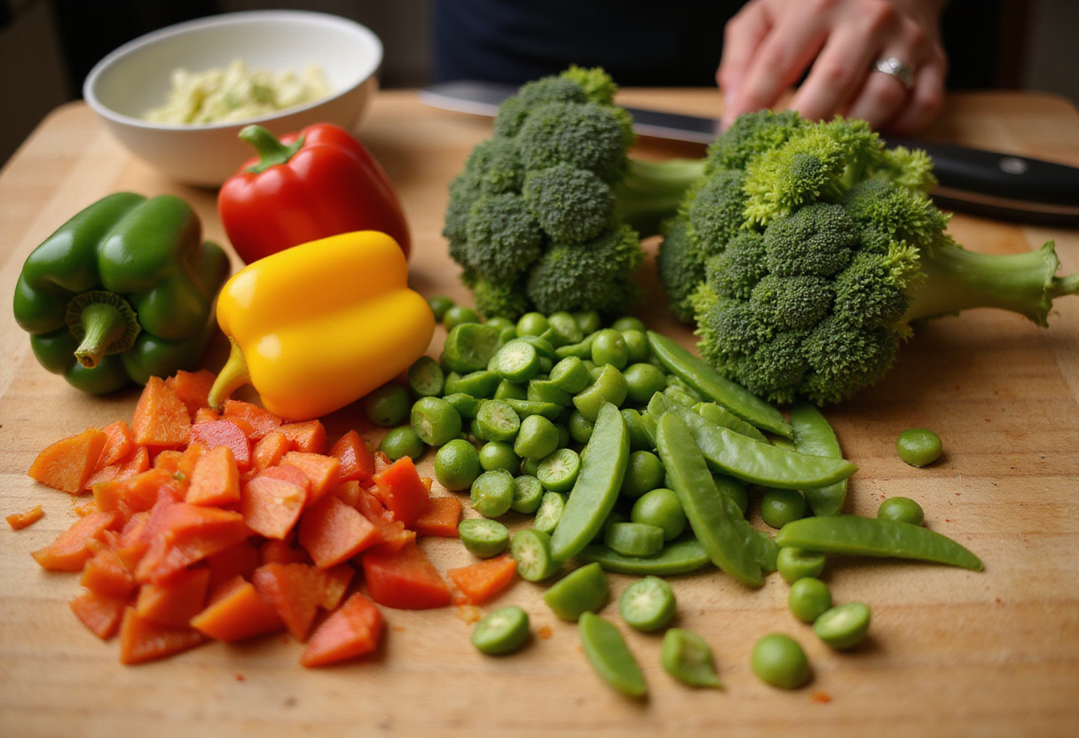 Fresh vegetables for Minute Beef Stir Fry being chopped, showcasing the colorful ingredients like bell peppers and broccoli, perfect for a quick stir fry.