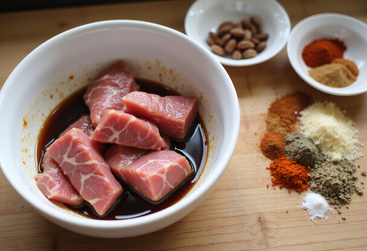 Marinating beef strips in soy sauce, garlic, and ginger for a flavorful Minute Beef Stir Fry, highlighting essential stir fry seasonings.