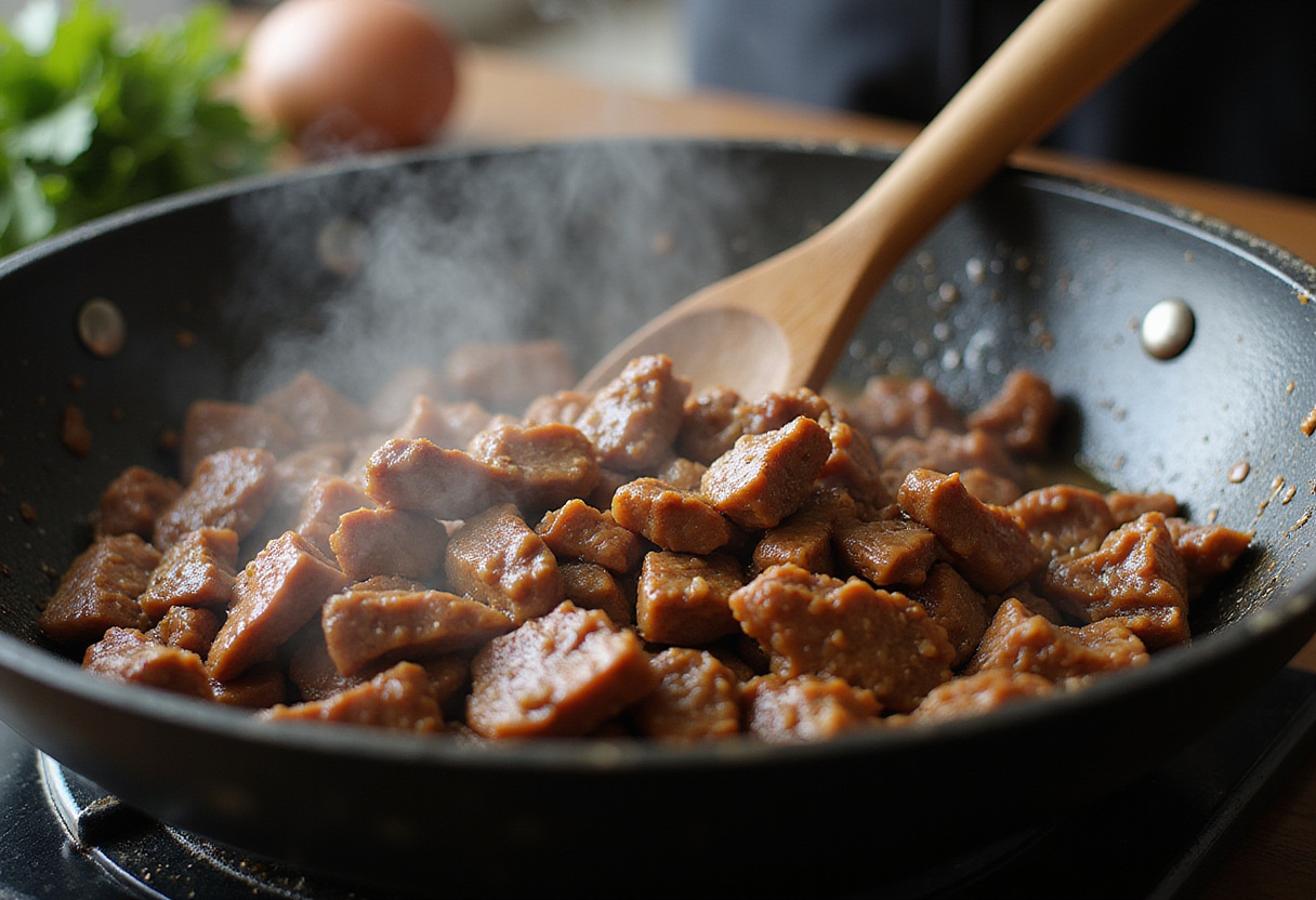 Cooking marinated beef strips in a hot wok for Minute Beef Stir Fry, conveying the energy of quick cooking and delicious aromas.