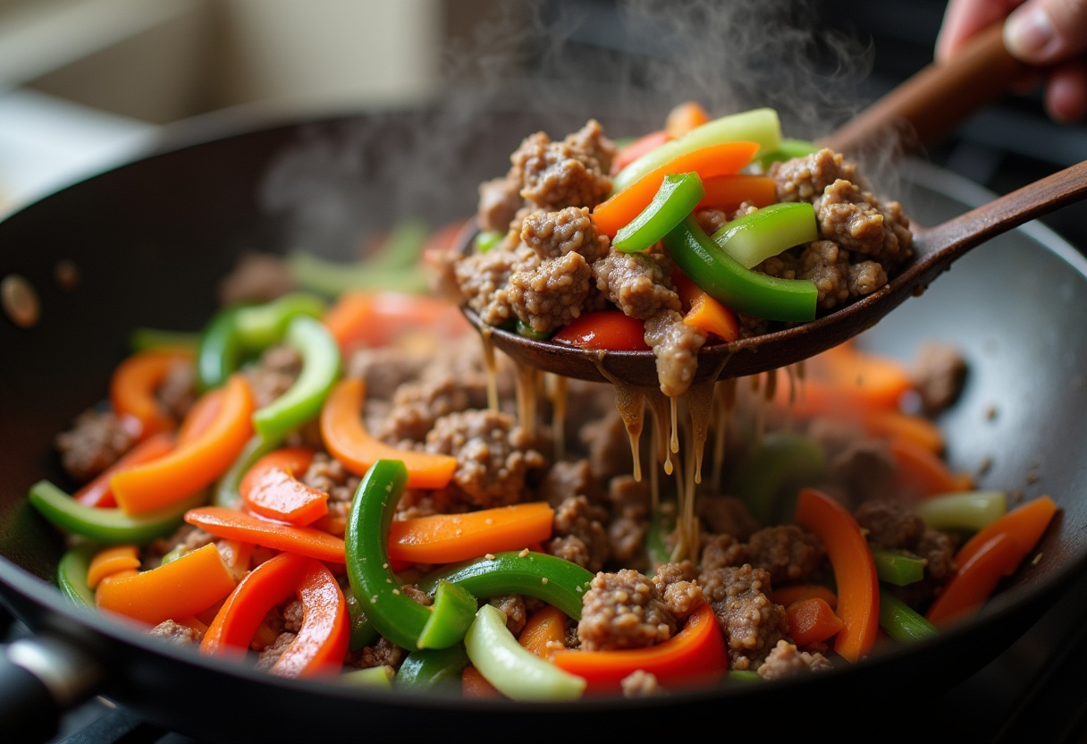 Adding fresh vegetables to the hot wok with beef for Minute Beef Stir Fry, showcasing the vibrant colors and quick cooking process.