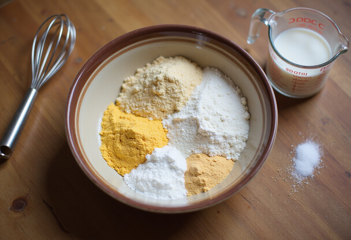 Preparing Navajo Cornbread with cornmeal and milk in a rustic kitchen setting.
