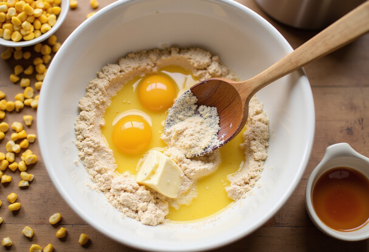 Mixing the ingredients for Navajo Cornbread with melted butter and eggs for a delicious flavor.