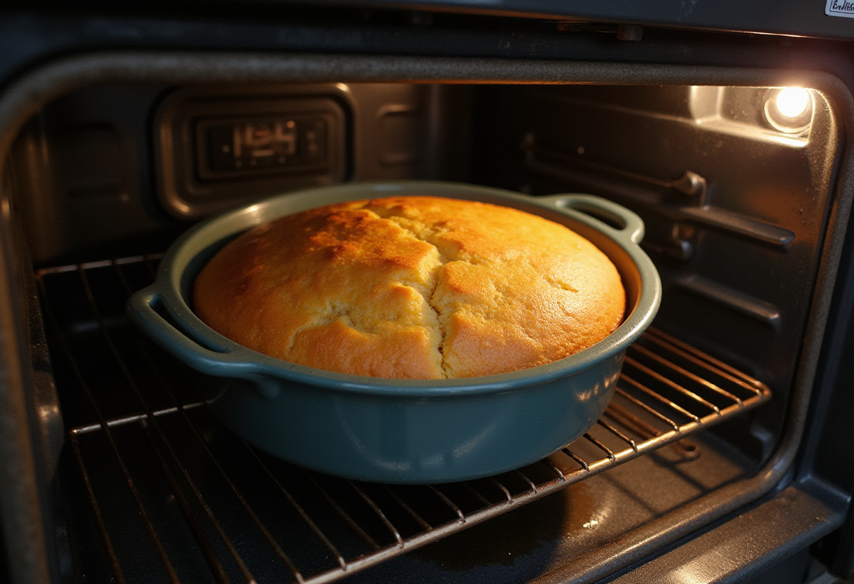 Baking Navajo Cornbread in the oven to achieve a golden-brown crust.