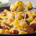 Final presentation of one-pan cheesy ranch potatoes and sausage, an inviting and flavorful comfort food dish.