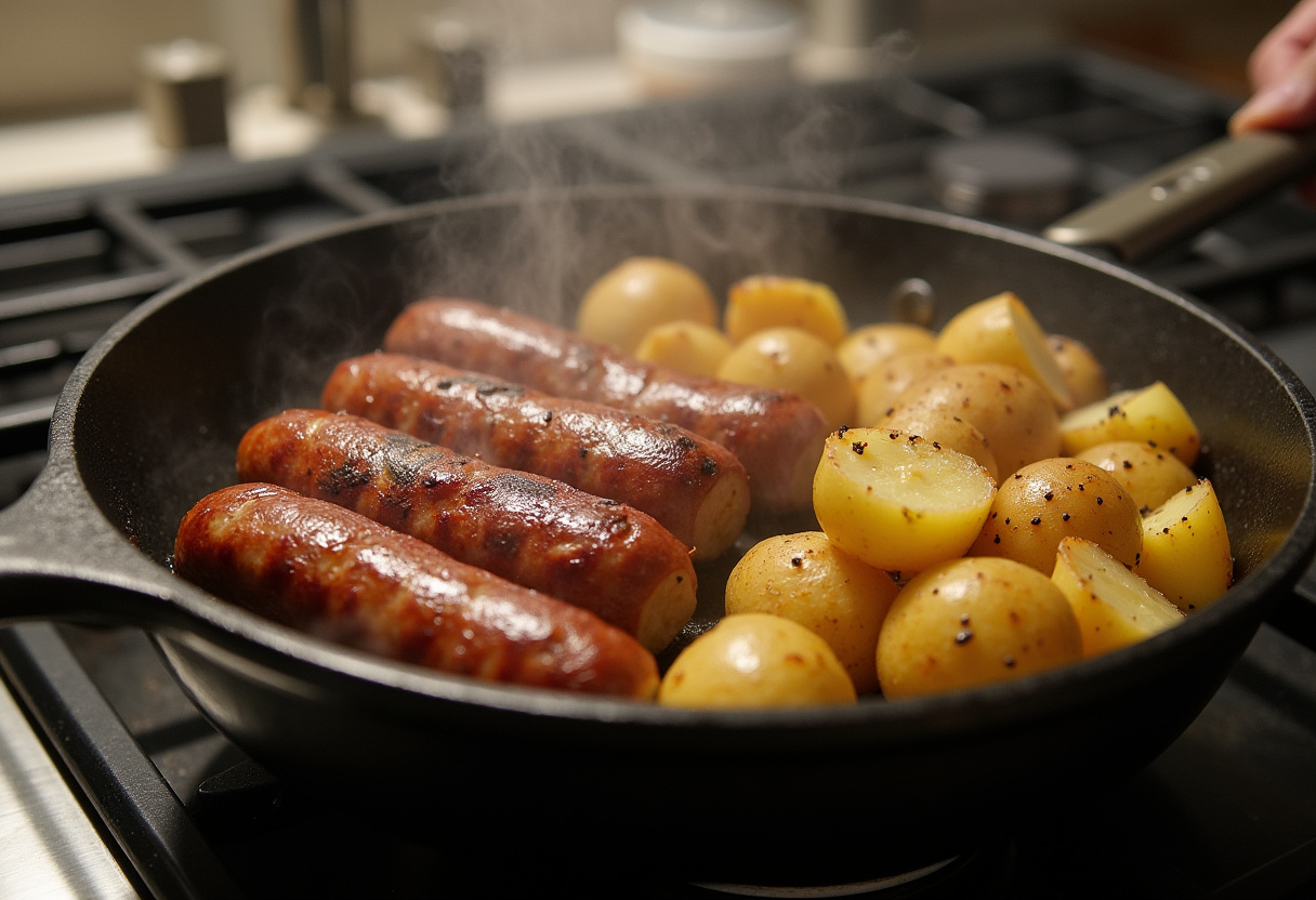 Savory sausage being added to one-pan cheesy ranch potatoes, creating a mouthwatering, hearty meal.