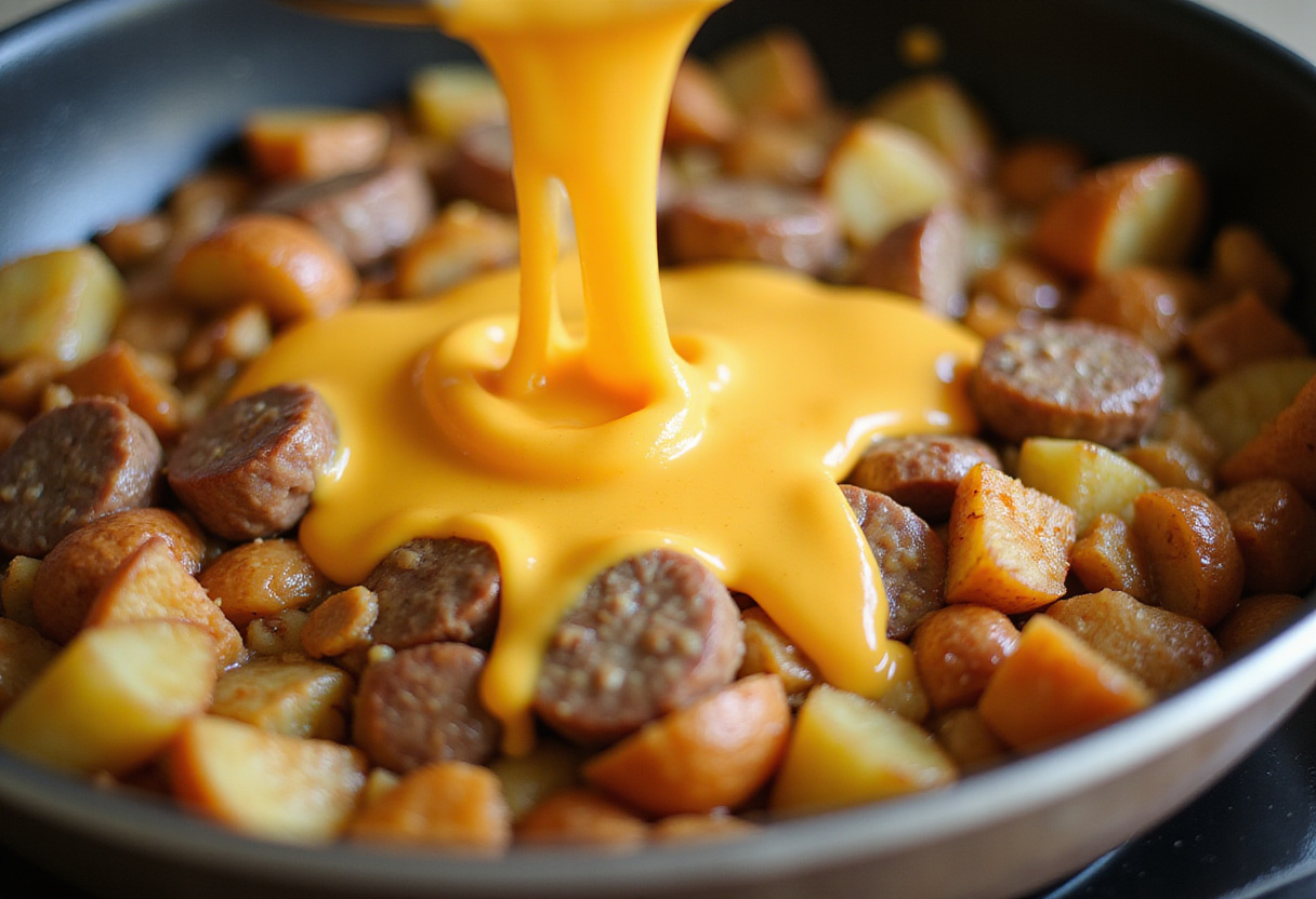 Roasting one-pan cheesy ranch potatoes and sausage in the oven, the perfect blend of flavors creating a comforting meal.