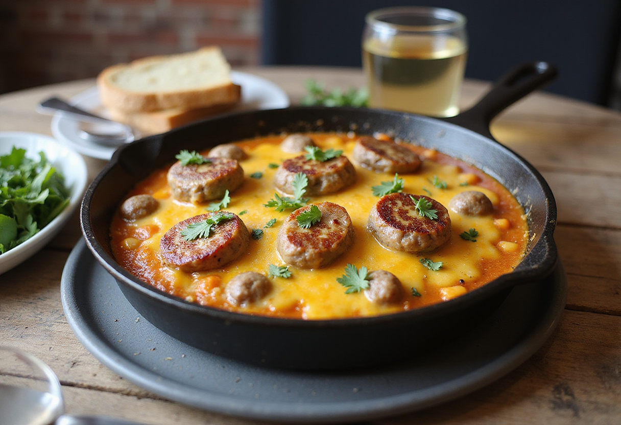 Freshly baked one-pan cheesy ranch potatoes and sausage, a delicious, hearty dish garnished and ready to delight.