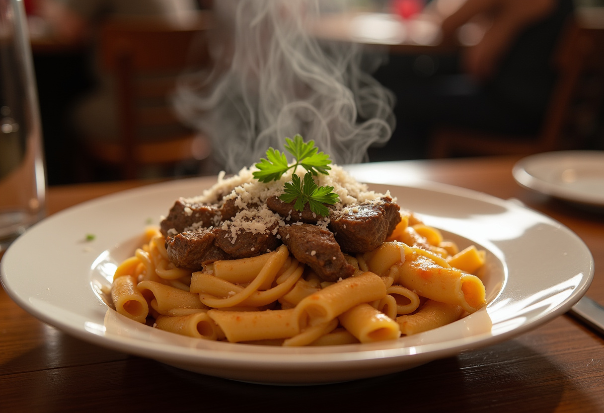 Deliciously plated One-Pot Creamy Spicy Garlic Butter Steak & Pasta ready to serve, showcasing creamy sauce and tender steak.