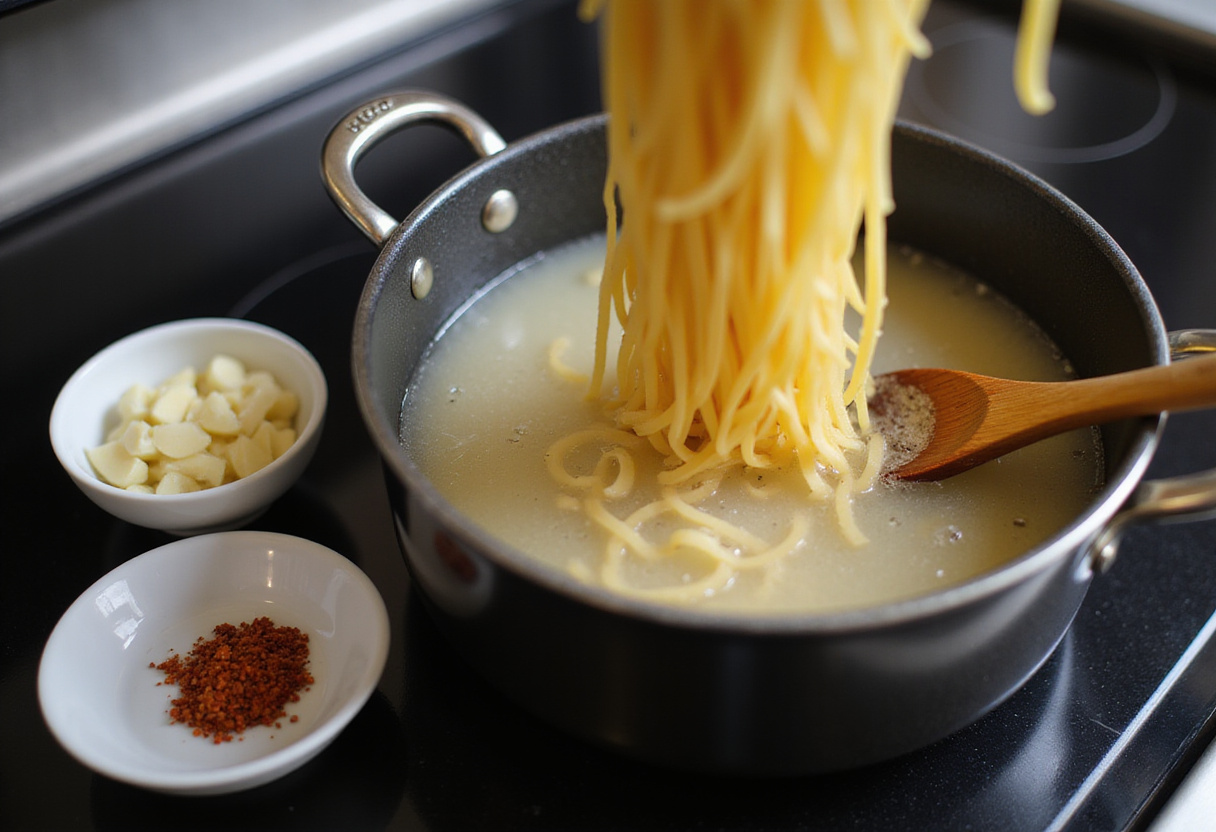 One-Pot Creamy Spicy Garlic Butter Steak & Pasta ingredients being prepared with boiling pasta, garlic, and red pepper flakes.