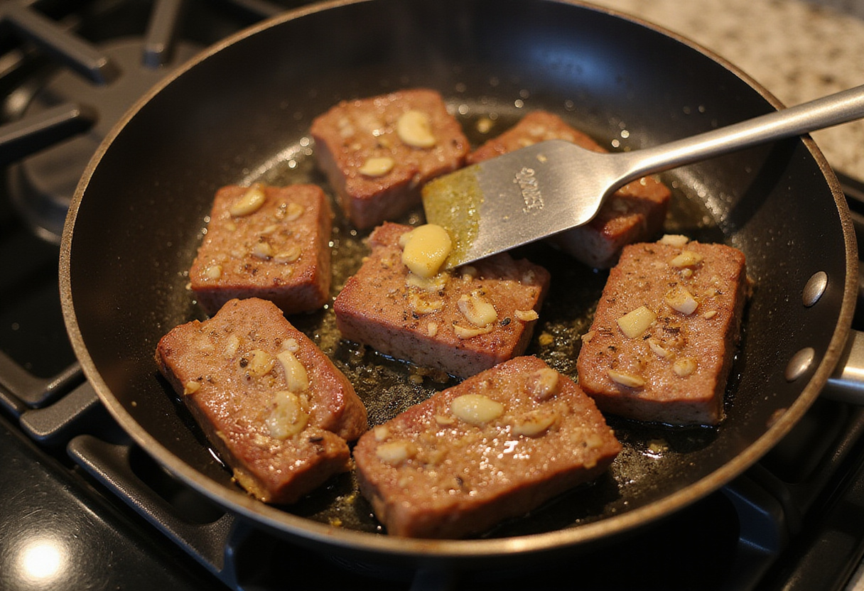 Cooking steak for One-Pot Creamy Spicy Garlic Butter Steak & Pasta with aromatic garlic added to enhance flavor.