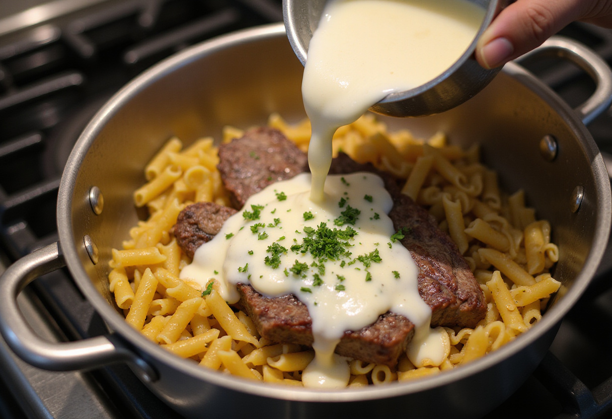 Combining steak and pasta with creamy sauce in One-Pot Creamy Spicy Garlic Butter Steak & Pasta for a delicious meal.