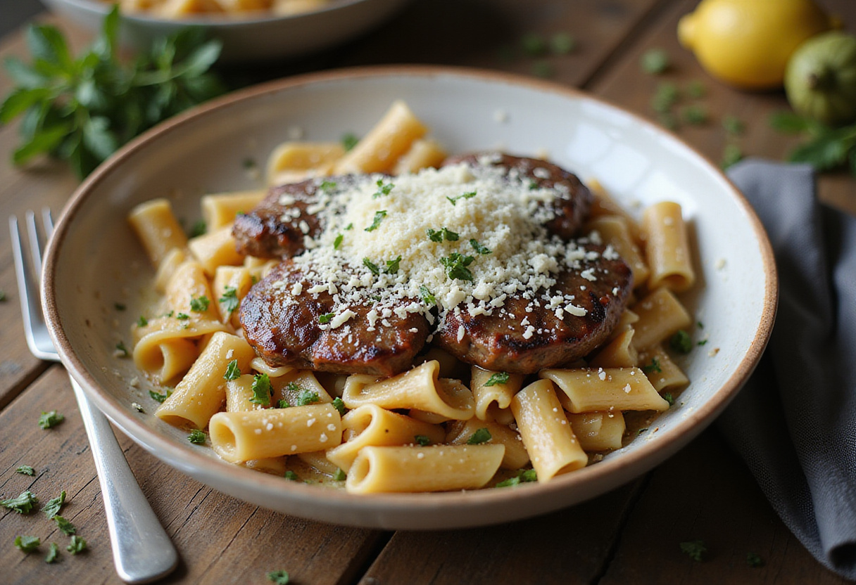 Finishing touches on One-Pot Creamy Spicy Garlic Butter Steak & Pasta with Parmesan cheese and herbs.